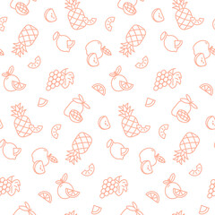 Seamless pattern with various fruits and fruit slices for packaging or wrapping paper design. Simple repeat design with minimalistic fruit icons