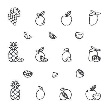 Set of simple fruit icons isolated on white background. Collection of fruit and fruit slices. Lineart drawing.