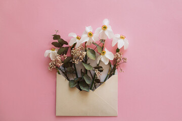 Beautiful daffodils flowers in envelope on stylish pink background, flat lay. Happy Mothers day