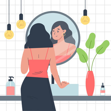 Everyday personal care, skincare daily routine, girl stands in front of a mirror in the bathroom and looks at herself in reflection