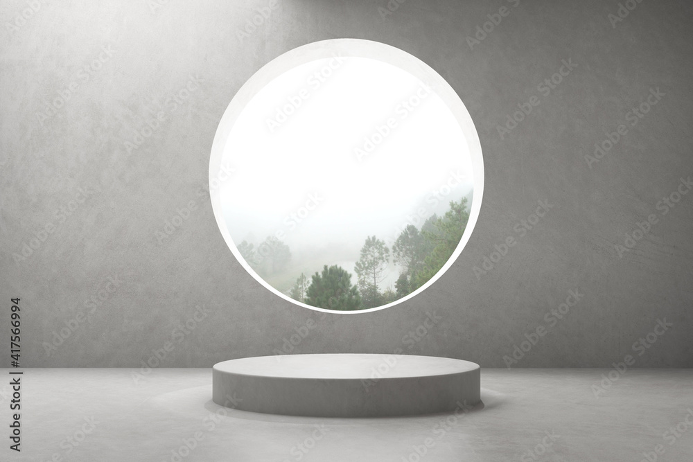 Leinwandbilder 3d render of empty concrete room with large circle window and round podium for product presentation 