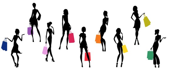 Glamorous ladies silhouettes and shopping bags.