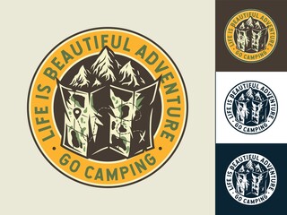 Colored set of patch or emblem with map, mountain and rock for camping and outdoor travel expedition or t-shirt print