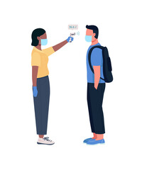 Measuring temperature flat color vector faceless character. Corona virus spreading prevention. Quarantine travel rules isolated cartoon illustration for web graphic design and animation