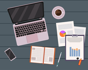 Pink laptop, cup of coffee, phone, pen, notebook, documents and blanks on dark table. Work place at home. Flat isolated illustration.