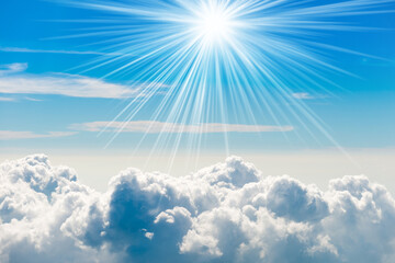 Naklejka na ściany i meble White clouds on blue sky with above aerial view from a plane, nature blue sky background