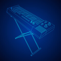 Piano roll analog synthesizer faders buttons knobs. Wireframe low poly mesh vector illustration.