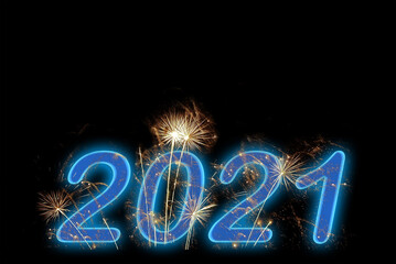2021 new year blue fireworks on black sky background. Holiday celebration