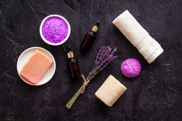 Fototapeta na wymiar Set of organic spa cosmetics with lavender herbs
