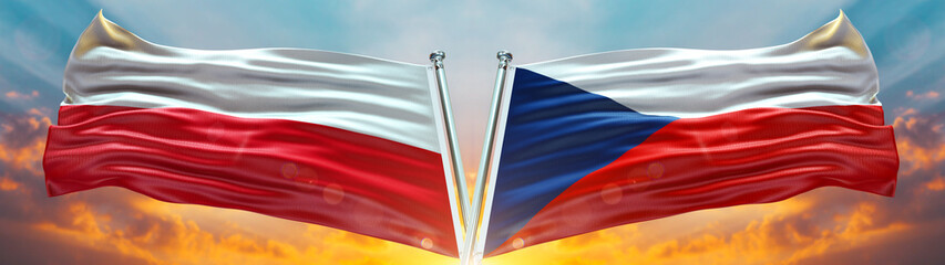 Poland Flag and Czech Republic Flag waving with texture Blue sky could and sunset Double flag