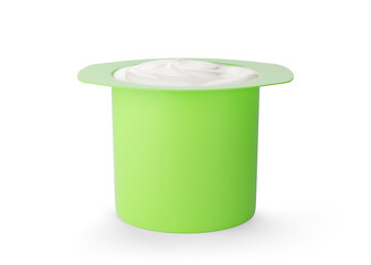 Mockup of green plastic cup with yogurt isolated on white