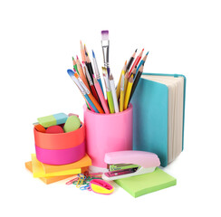 Fototapeta premium Set of colorful school stationery on white background