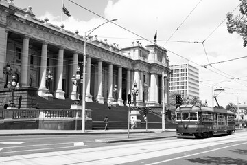 Melbourne Parliament of Victoria. Black and white Australia.