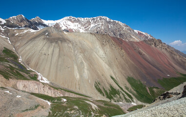 wide angled landscape of colourful mountain in remote asian range 