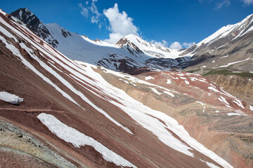colourful mountain landscape with contrast red soil and white snow 