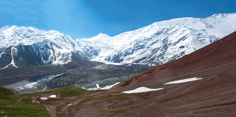 Lenin Peak panorama with glacier moraine in the bottom 