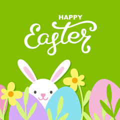 Obraz na płótnie Canvas Happy Easter greeting card. Easter template with Easter bunny, flowers and eggs. Egg hunt. Drawn lettering, invitations, posters, banners. Vector illustration.