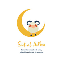 Eid AL Adha greeting flat illustration with cute sheep