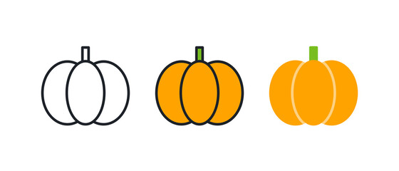 Pumpkin icon. Linear color icon, contour, shape, outline isolated on white. Thin line. Modern design. Vector set. Illustrations of vegetables.