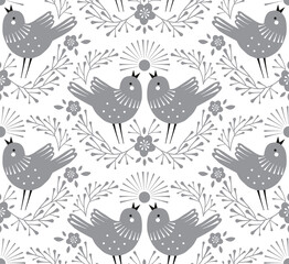 Easter Birds song vector seamless pattern. Symmetrical folk art illustration of spring bird couple in florals wreath neutral grey ornament for Christian spring holidays.