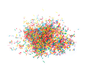 Colorful sprinkles on white background, top view. Confectionery decor