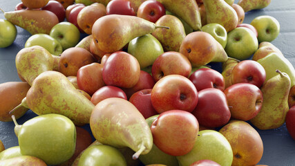 Pears and Apples on a white background. A lot of pears and apples on white. 3d rendering