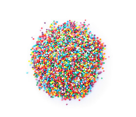 Colorful sprinkles on white background, top view. Confectionery decor