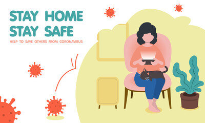 COVID-19 Coronavirus Vector Graphics Design A Female Sitting on the Couch in the Living Room Playing Smartphone with A Cute Black Cat Sleeping on Her Lap with Plant, Cabinet and Picture Frame .