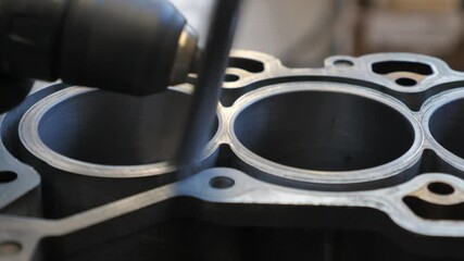 Repairing Car Engine. Sanding and Cleaning Cylinder Block 