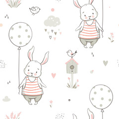 Nursery seamless pattern with cute bunny and air balloon. Cute vector texture for kids bedding, fabric, wallpaper, wrapping paper, textile, t-shirt print
