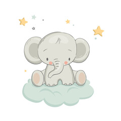 Cute baby elephant sitting on the cloud, vector hand drawn illustration.Perfect for kids room poster, t-shirt print, greeting card