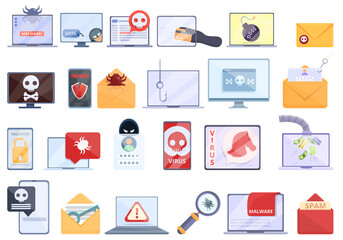 Malware icons set. Cartoon set of malware vector icons for web design
