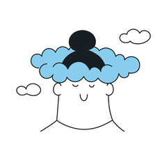 Dreaming, fantasizing, hovering in the clouds. Cute cartoon dreaminess girl. Thin line outline vector illustration on white background.