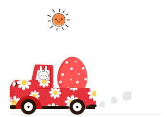 Car with daisy flower, Easter rabbit, Easter egg and sun on white background vector. Cute cartoon character.