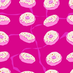 Seamless pattern with donuts. Pink donuts. Stock vector illustration. 