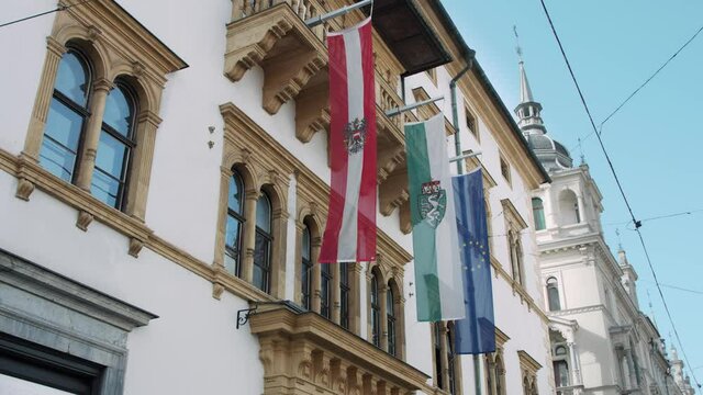The flags of Austria, Styria and the EU at the Landtag in Graz