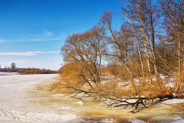 Early Spring With Melting Ice And Snow. Nature in March. Lake and forest rural scene