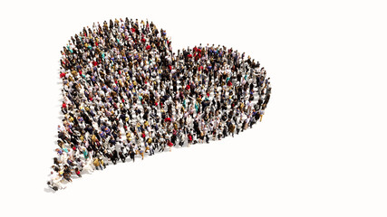 Concept or conceptual large gathering of people forming the image of a red heart on white background. A 3d illustration metaphor for love, romance, valentine's day, happiness, wedding, health or care
