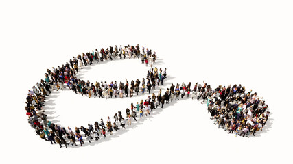 Concept or conceptual large gathering  of people forming an image of a stethoscope on white background.  A 3d illustration metaphor for a checkup, treatment, medicine, health and care