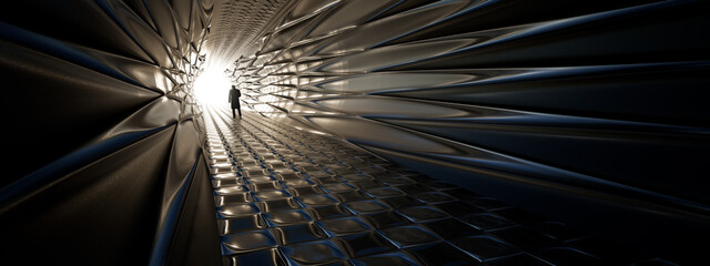 Concept or conceptual dark tunnel with a bright light at the end or exit as metaphor to success, faith, future or hope, a black silhouette of walking man to new opportunity or freedom 3d illustration