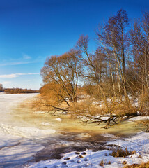Early Spring With Melting Ice And Snow. Nature in March. Lake and forest rural scene