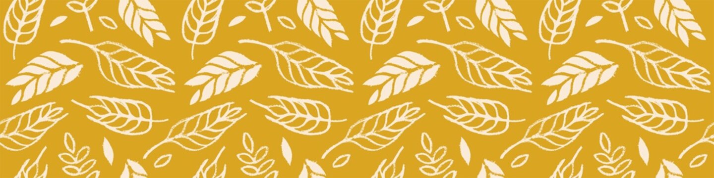 Hand drawn grain crops pattern seamless, bread grains icons, food grains illustration, wheat drawings for background of bread label design, healthy food banner, vegetarian wallpaper, bakery packaging.