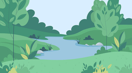 Spring or summer landscape with field, green hills, river and forest. Vector illustration in trendy flat simple style. Background for banner, greeting card or poster