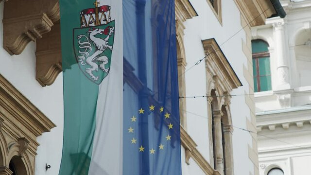 The flags of Austria, Styria and the EU at the Landtag in Graz