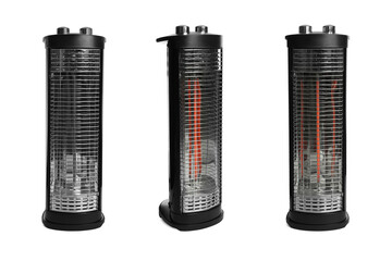 Modern electric heaters on white background, collage