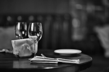 romance dinner restaurant table setting, background in abstract bar table food and wine
