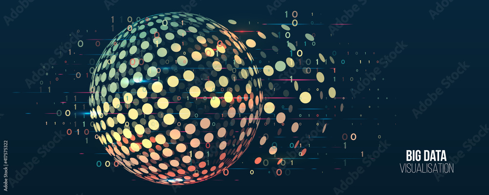 Leinwandbilder Wide Big data visualization. Machine learning algorithm for information filter and analytic. Abstract background with sphere array and binary code. Data array visual concept. Big data connection.
