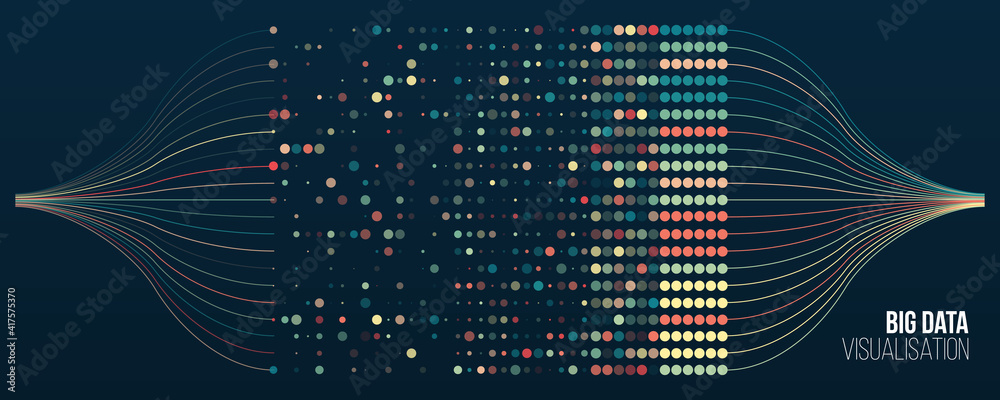 Aufkleber Big data visualization. Information analytics concept. Abstract stream information with ball array and binary code. Filtering machine algorithms. Sorting data. Vector technology background.