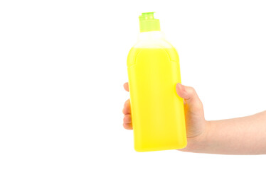 Female hand with a plastic bottle with a chemical substance.