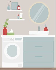 Vector illustration of a bathroom interior with a washing machine. The bathroom has a round illuminated mirror and shelves with cosmetics. Sink with storage module. Beige background. 